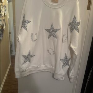 White Sweatshirt with Silver Star and bling horseshoe Accents